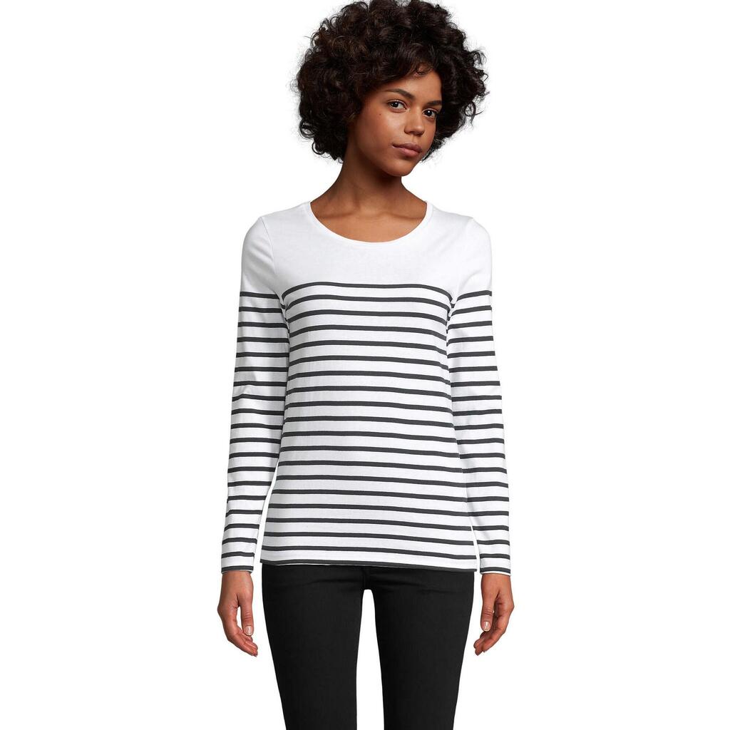 Womens/Ladies Matelot Striped LongSleeved TShirt (White)