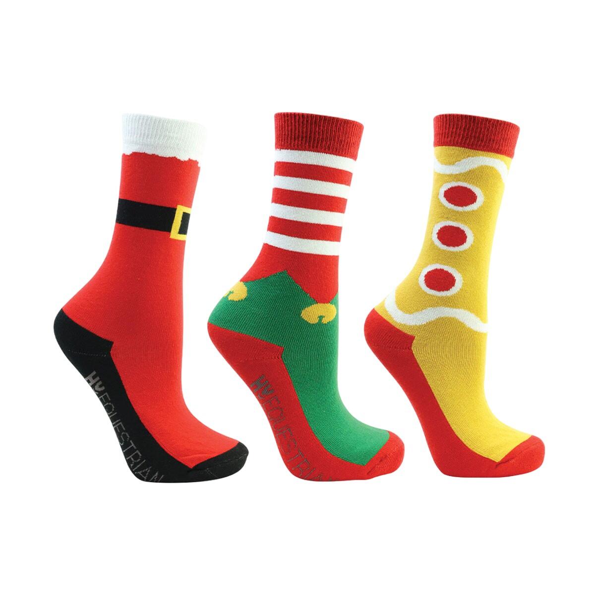 HY Childrens/Kids Festive Feet Christmas Socks (Pack of 3) (Red/Green/Yellow)