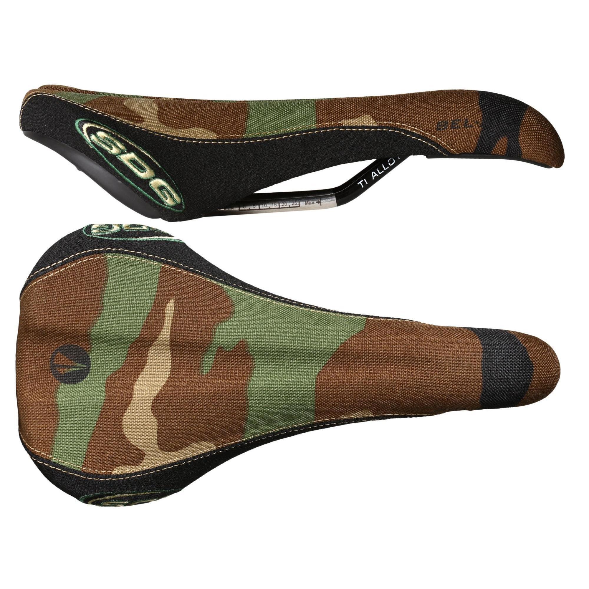 SDG COMPONENTS BEL AIR TI-ALLOY RAIL SADDLE Army Camo Top/Black Cordura Sides