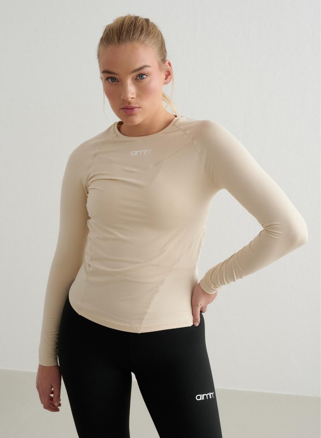 Femme T-shirt Manches Longues Doux Évacuant l'humidité Beige 4/4