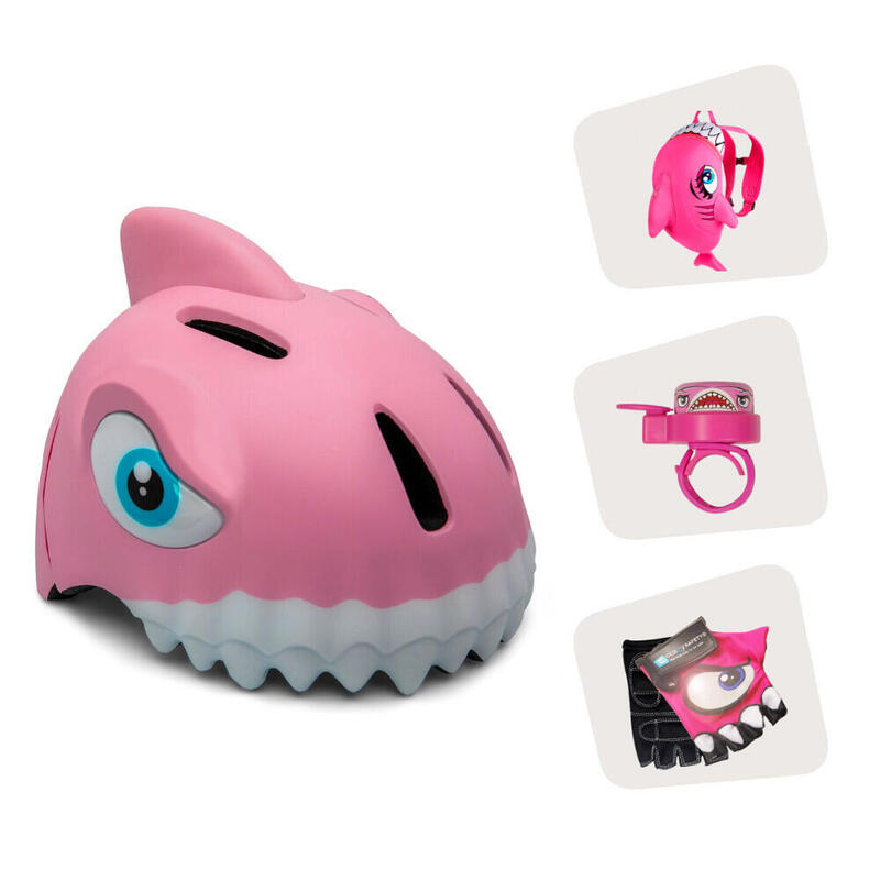 Crazy Safety pack - Casco Tiburón Rosa para niños, mochila, timbre y guantes