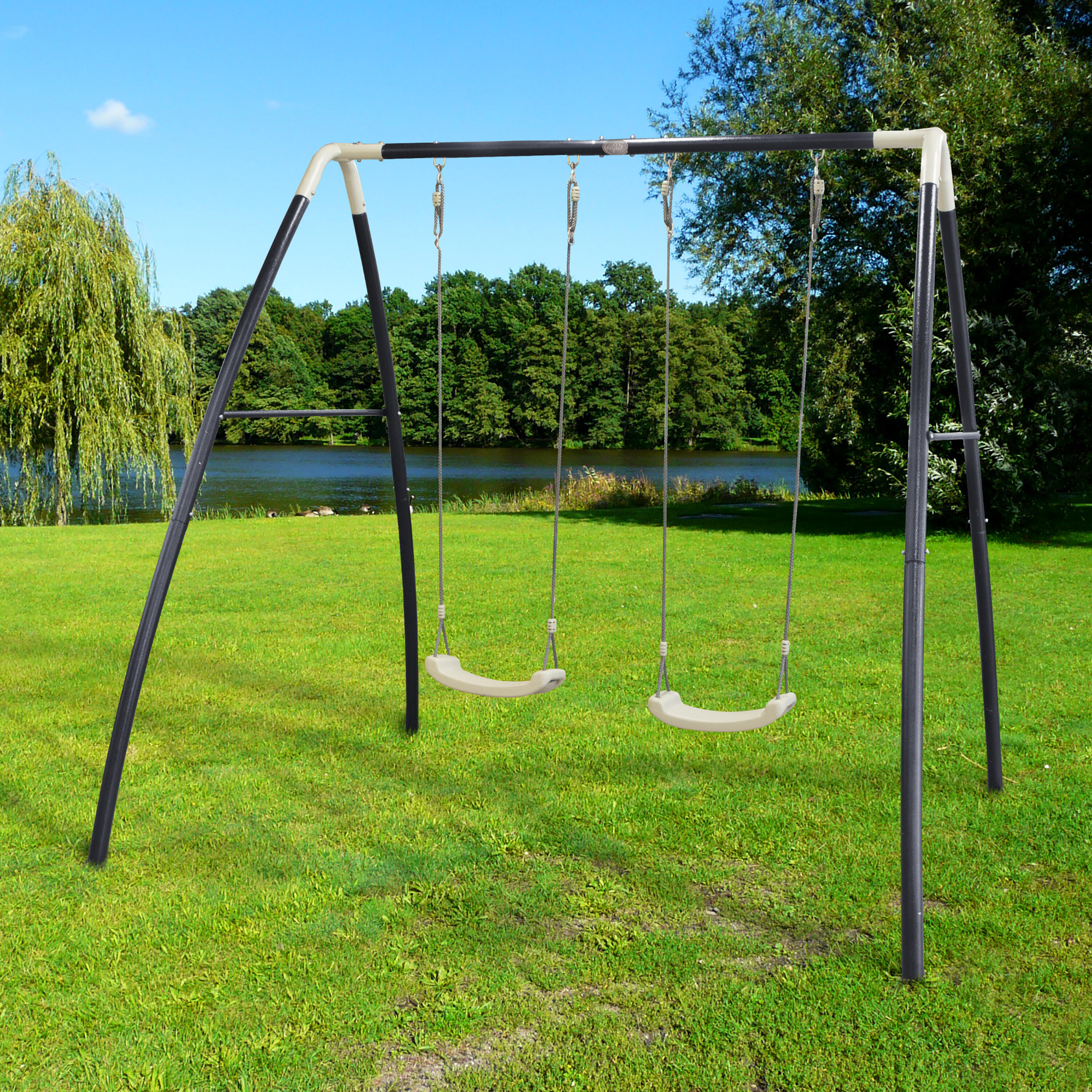 Double Balançoire métallique, 2 Places, 210 x 210 x 217 cm - Blanche & Grise 6/7