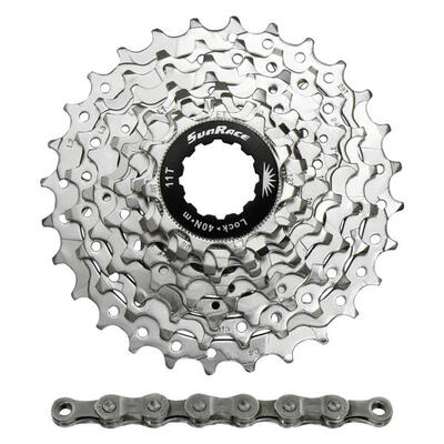 Cassette met ketting sunrace r91 11-28 route shimano nickel
