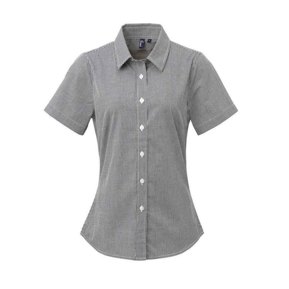 Camisa de manga curta em algodão xadrez microgingham para senhora/senhora preto