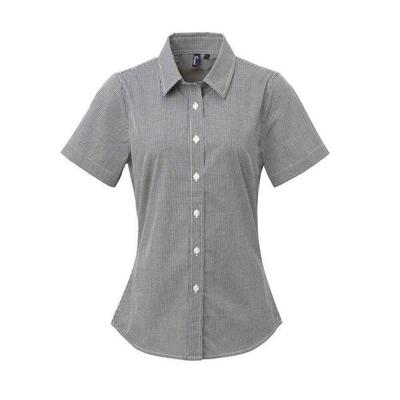Dames micro gingham geruit katoenen overhemd met korte mouwen (zwart/wit)