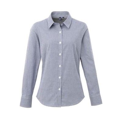 Dames micro gingham geruit katoenen shirt met lange mouwen (marine / wit)