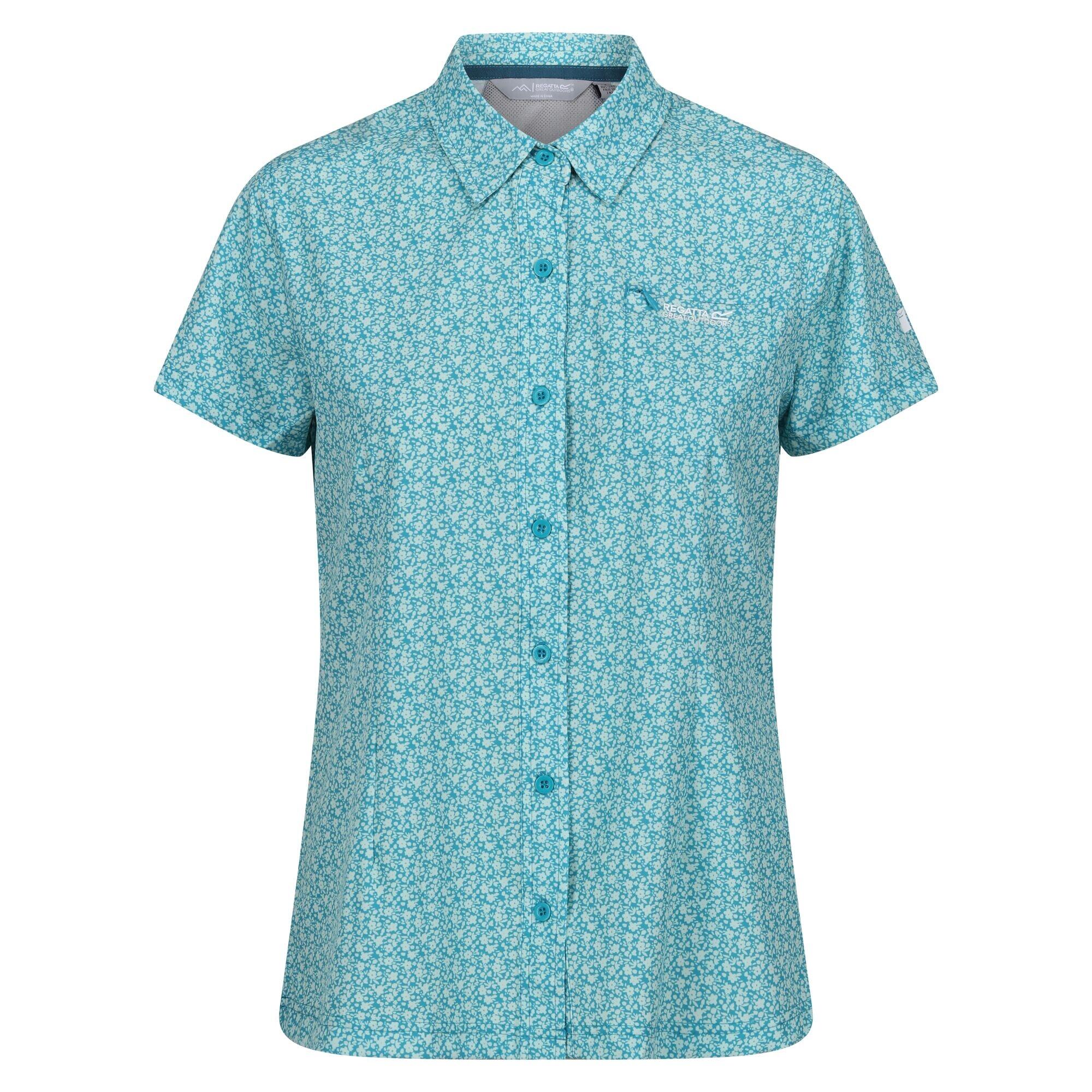 Camisa de viagem de manga curta packaway floral para senhora/senhora tahoe blue