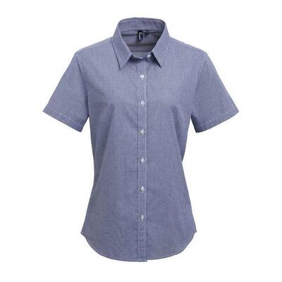 Dames micro gingham geruit katoenen overhemd met korte mouwen (marine / wit)