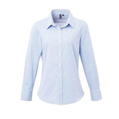 Dames micro gingham geruit katoenen shirt met lange mouwen (marine / wit)