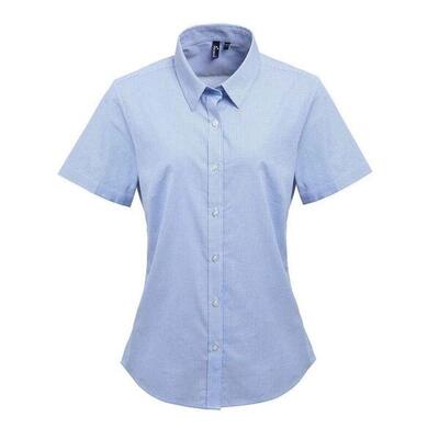 Dames micro gingham geruit katoenen overhemd met korte mouwen (lichtblauw/wit)