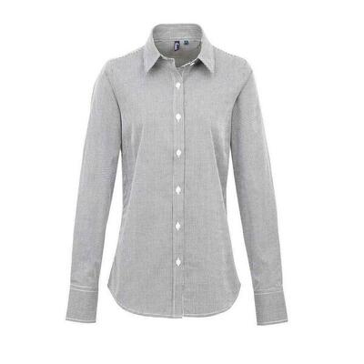 Dames micro gingham geruit katoenen shirt met lange mouwen (marine / wit)