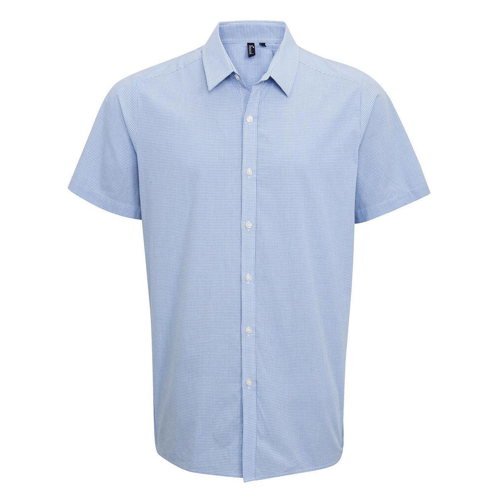 Mens Micro Gingham Check Cotton ShortSleeved Shirt (Light Blue/White)