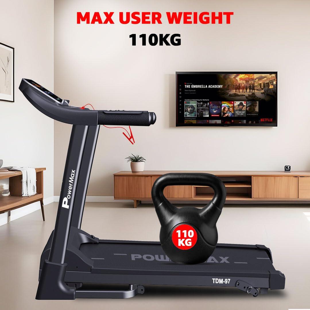 PowerMax Fitness TDM-97 (4HP Peak) Motorised Foldable Treadmill For Home Use_PIPE_ Max User 110Kg _PIPE_ Running Deck 1100X400Mm