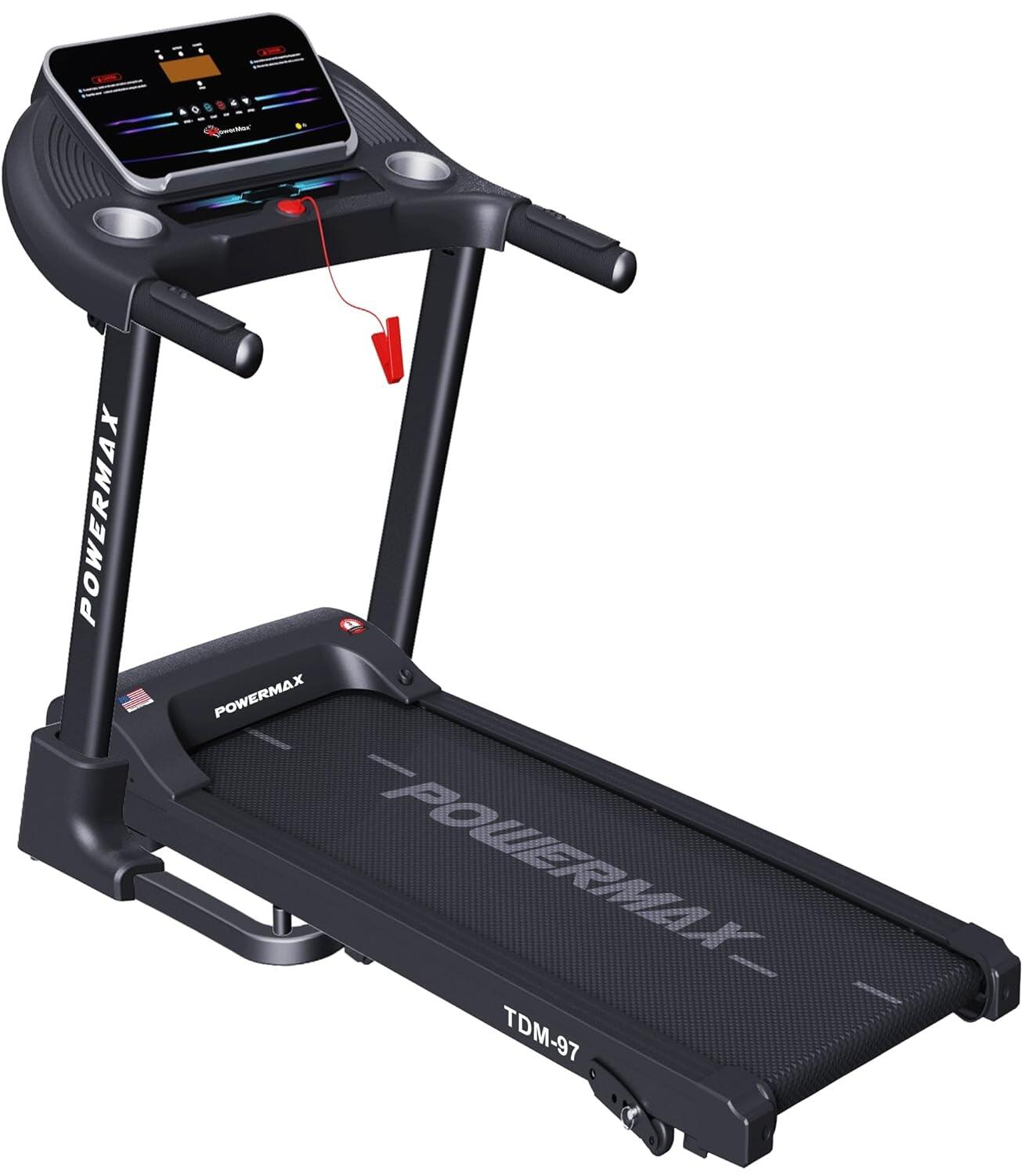 PowerMax Fitness TDM-97 (4HP Peak) Motorised Foldable Treadmill For Home Use| Max User 110Kg | Running Deck 1100X400Mm | Top Speed 12Km/H | Heart Rate Sensor| Ipad Holder | Aux Speaker, Black