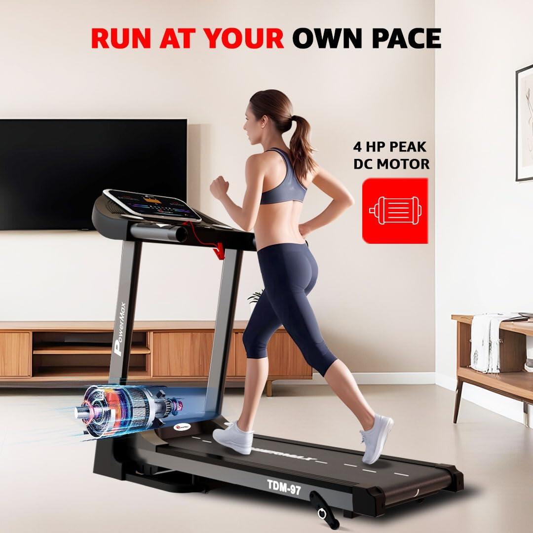 PowerMax Fitness TDM-97 (4HP Peak) Motorised Foldable Treadmill For Home Use_PIPE_ Max User 110Kg _PIPE_ Running Deck 1100X400Mm