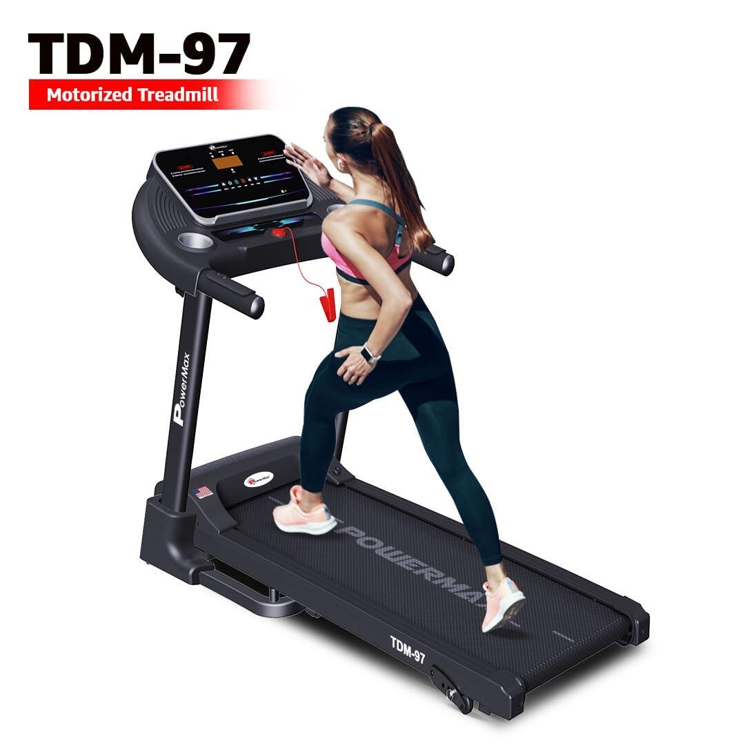 PowerMax Fitness TDM-97 (4HP Peak) Motorised Foldable Treadmill For Home Use_PIPE_ Max User 110Kg _PIPE_ Running Deck 1100X400Mm