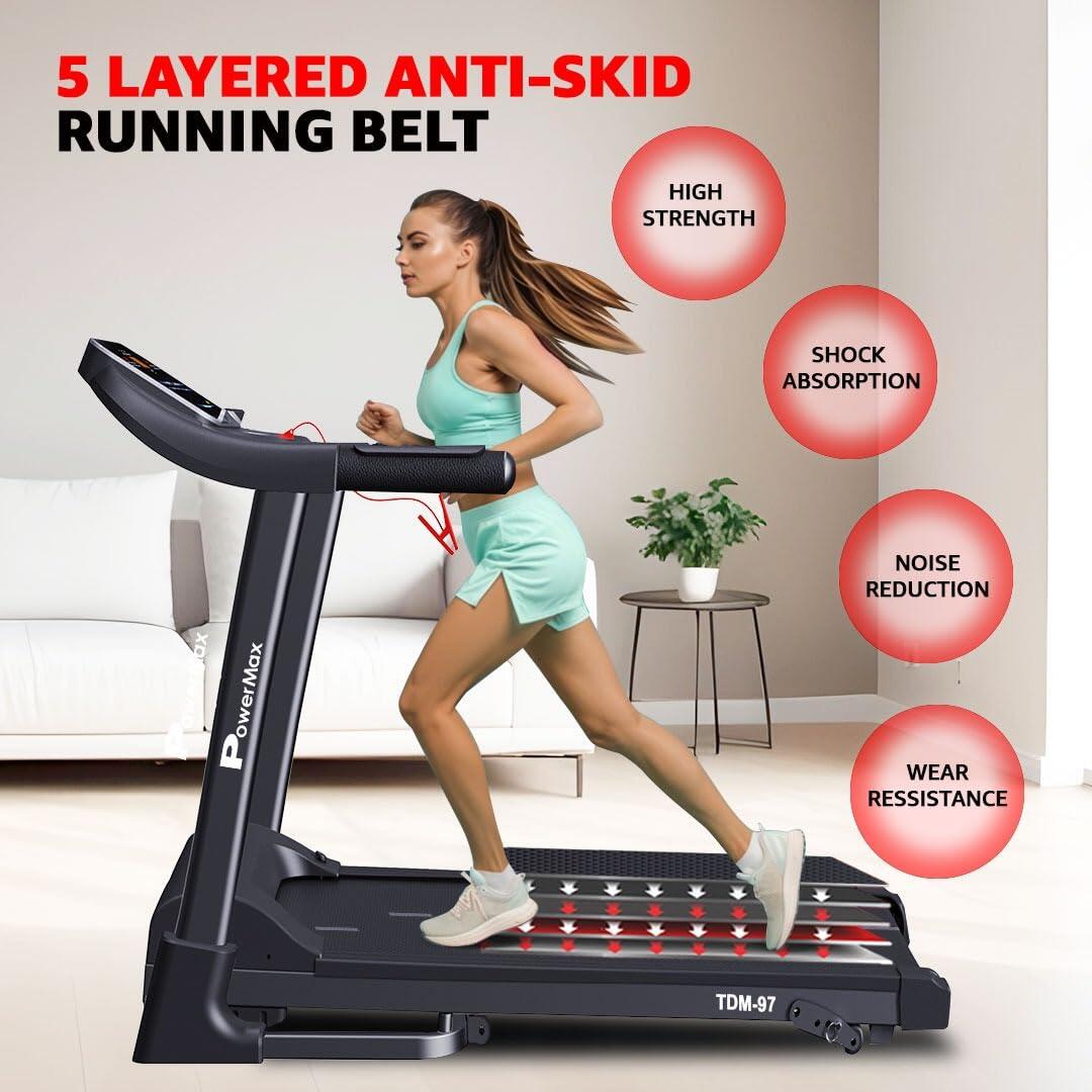 PowerMax Fitness TDM-97 (4HP Peak) Motorised Foldable Treadmill For Home Use_PIPE_ Max User 110Kg _PIPE_ Running Deck 1100X400Mm
