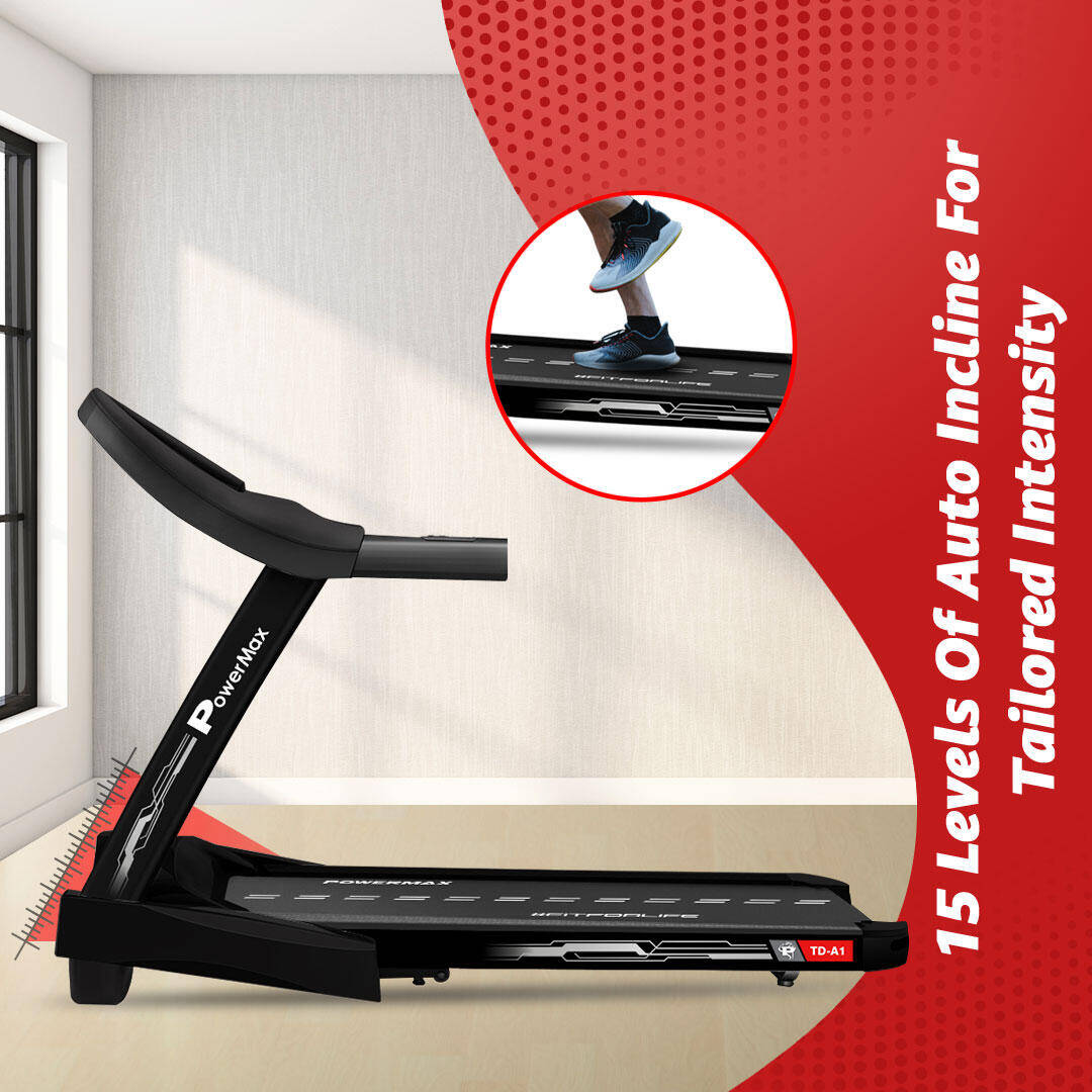 PowerMax Fitness TD-A1 (4 HP Peak) Motorised Foldable Auto-Incline Treadmill for Home User Wt. 115kg, Top Speed 14 kmph, Running deck 47.6 x 16.1inch, Speaker, Aux, LCD Display, Bluetooth -  5