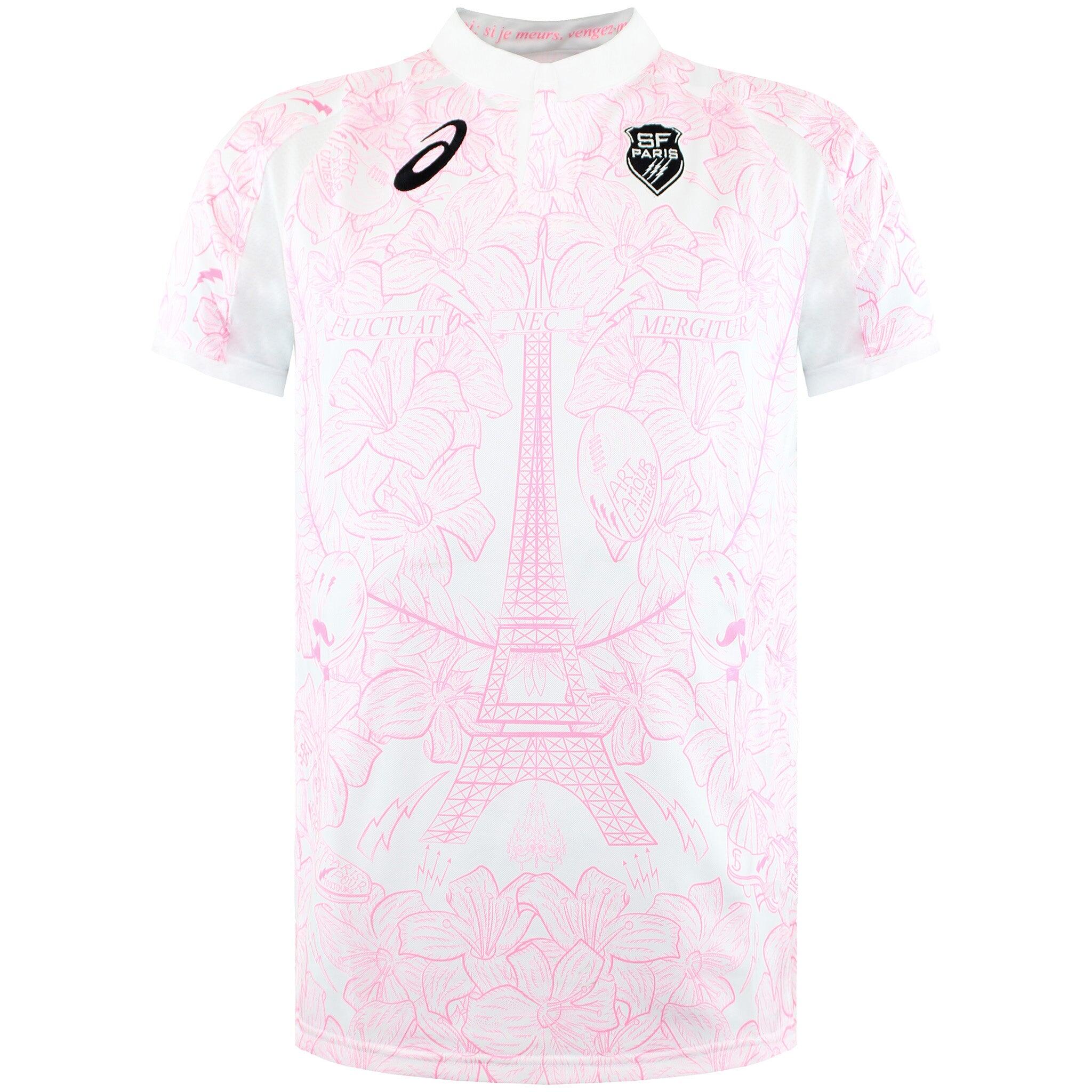 Asics SF Stade Francais Mens White/Pink Rugby Shirt | Decathlon
