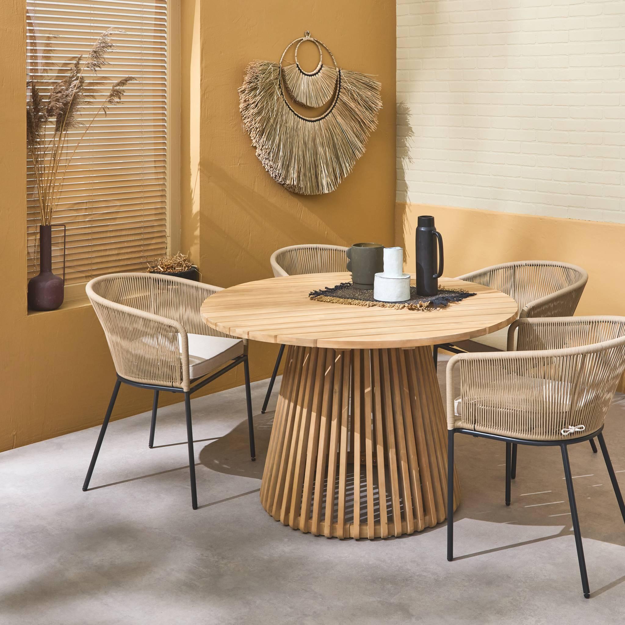 Mesa de comedor redonda de madera, interior/exterior + 4 sillones de cuerda y 2/6