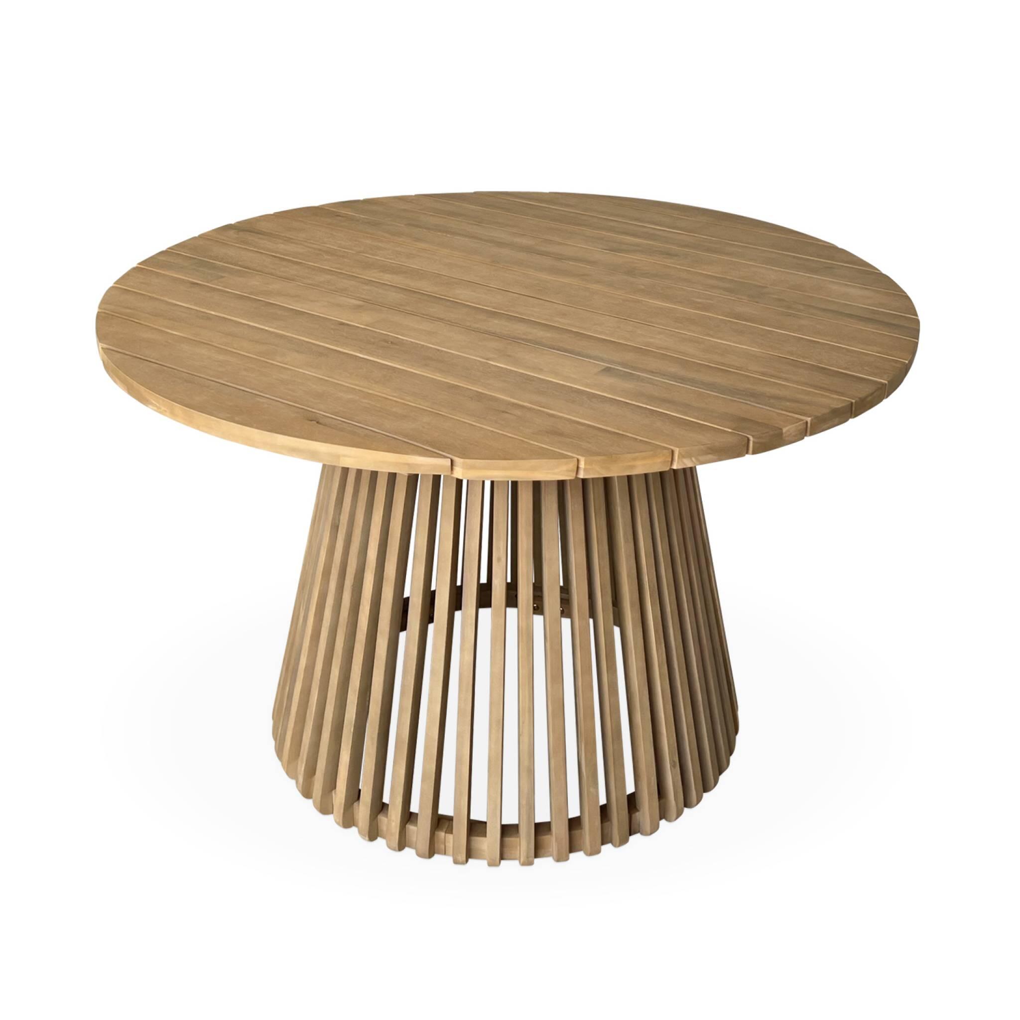 Mesa de comedor redonda de madera, interior/exterior + 4 sillones de cuerda y 5/6