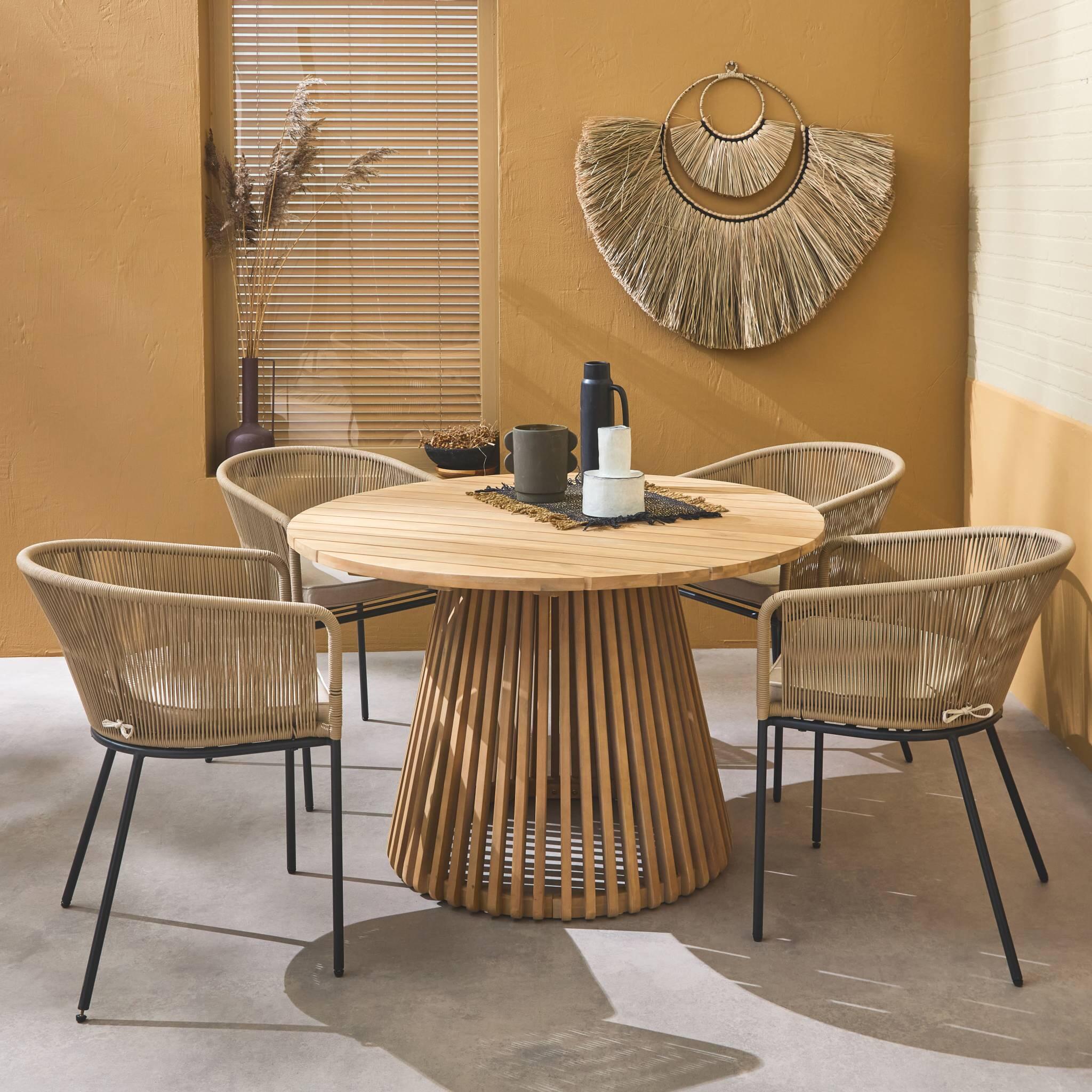 Mesa de comedor redonda de madera, interior/exterior + 4 sillones de cuerda y 3/6