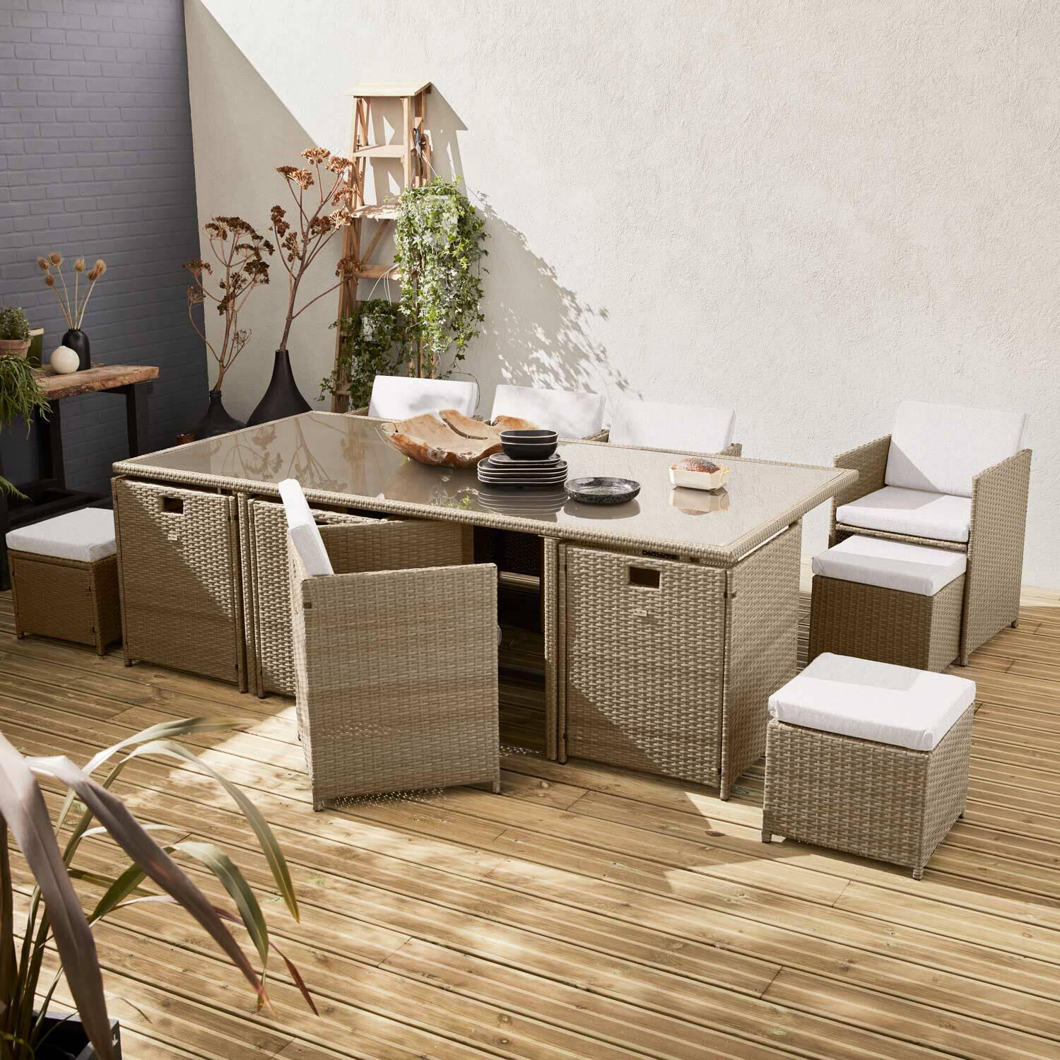 Mesa de jardim embutida em resina tecida, 12 cadeirões, Beige