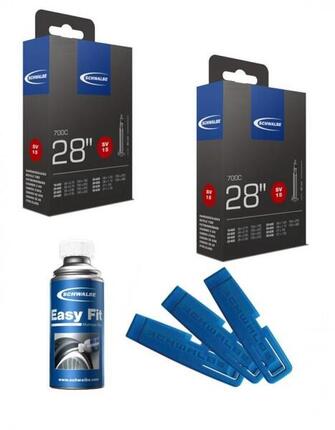 Schwalbe 2xSchlauch SV15 28x0.75-1.10" 40mm 1xMontage Fluid 50 ml 1xReifenheb...