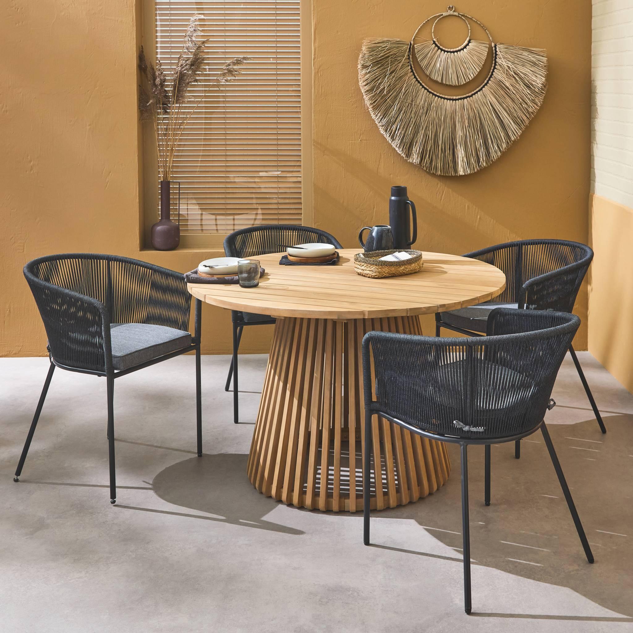Mesa de comedor redonda de madera, interior/exterior + 4 sillones de cuerda y 2/6