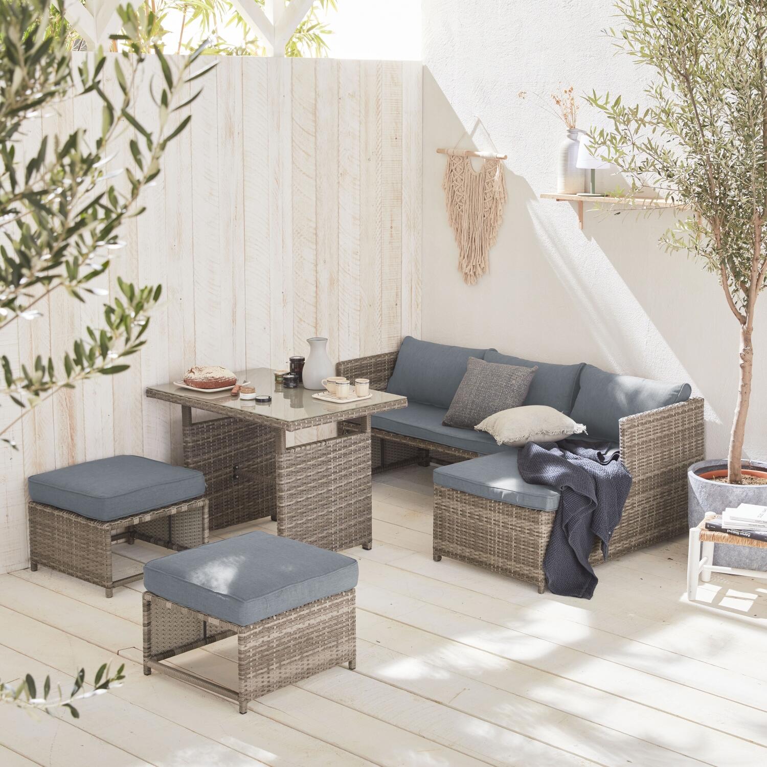Conjunto de mobiliário de jardim em resina trançada com mesa, 6 lugares, cinza
