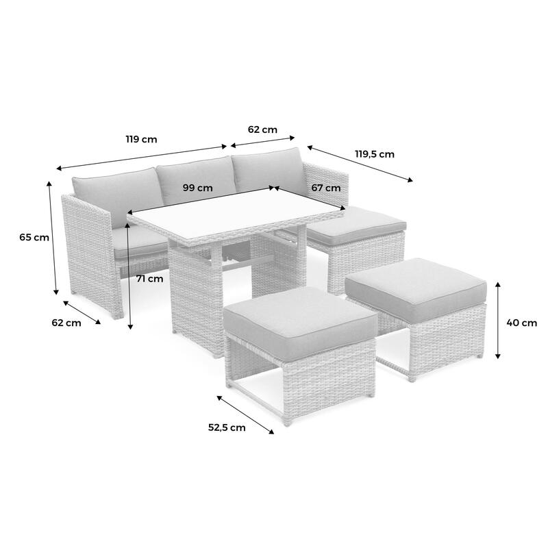 Conjunto de mobiliário de jardim em resina trançada com mesa, 6 lugares, Cinza