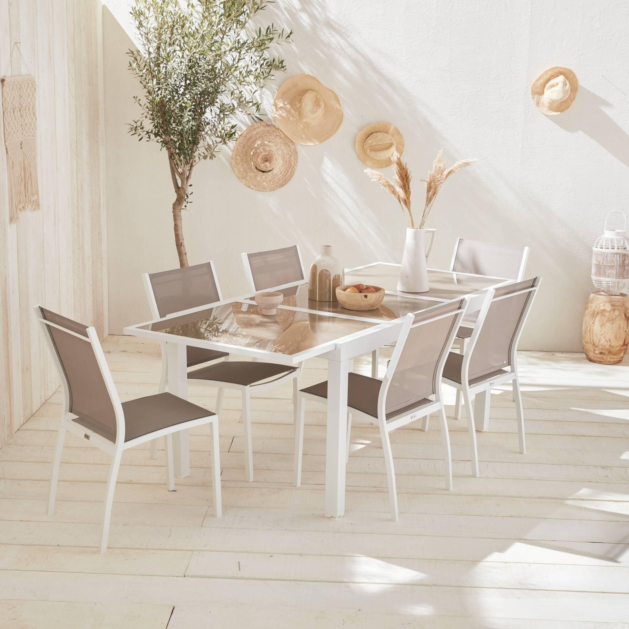 Mesa de jardín extensible de aluminio con 6 sillas, Blanco 2/6