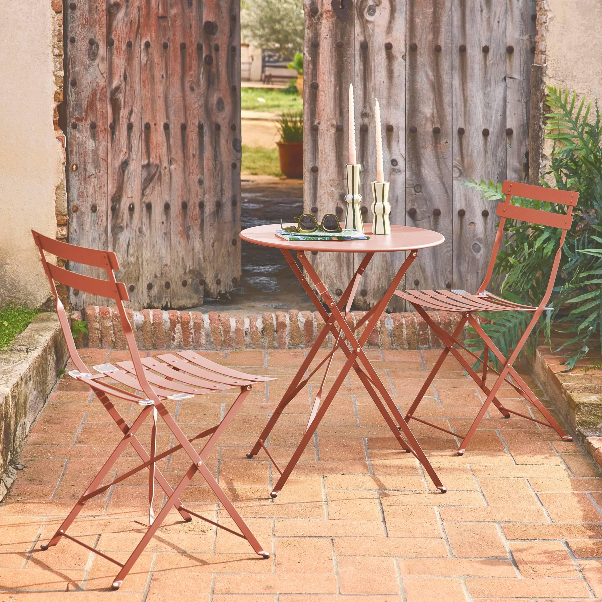 Mesa de jardim bistrô dobrável em metal, 2 cadeiras, Terracota 2/6