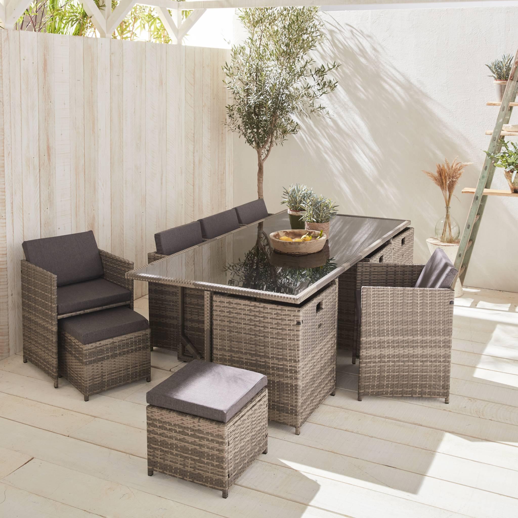 Mesa de jardim embutida em resina tecida, 12 cadeirões, Tons de cinza 2/6