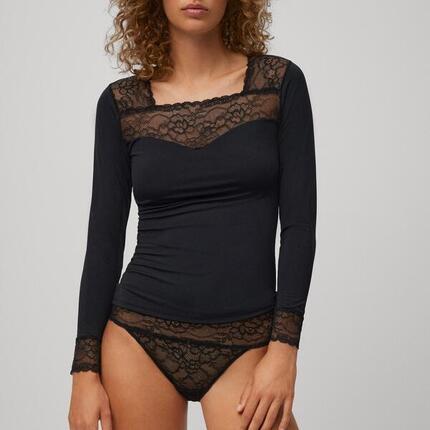 T-shirt noir à manches longues en dentelle avec encolure et poignets