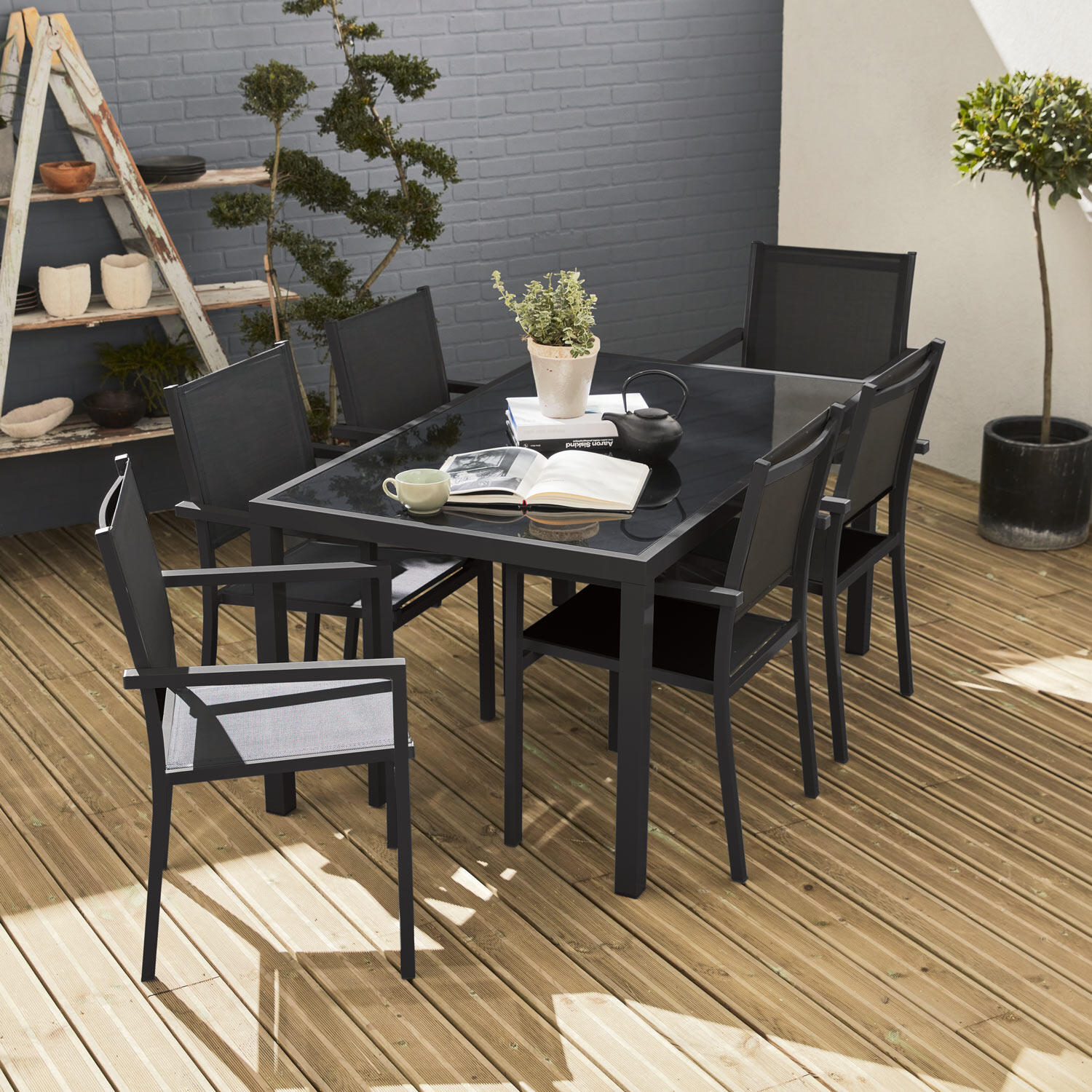 Mesa de jardim em alumínio e textilene, 6 cadeiras, antracite