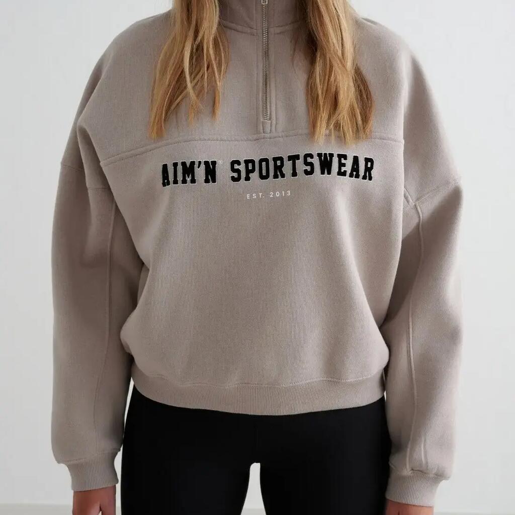 Women's Sweatshirt Half-Zip Brushed Jersey Relaxed Varsity Dark Clay