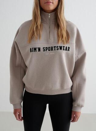 Damen Sweatshirt mit halbem Reißverschluss Varsity Schokolade