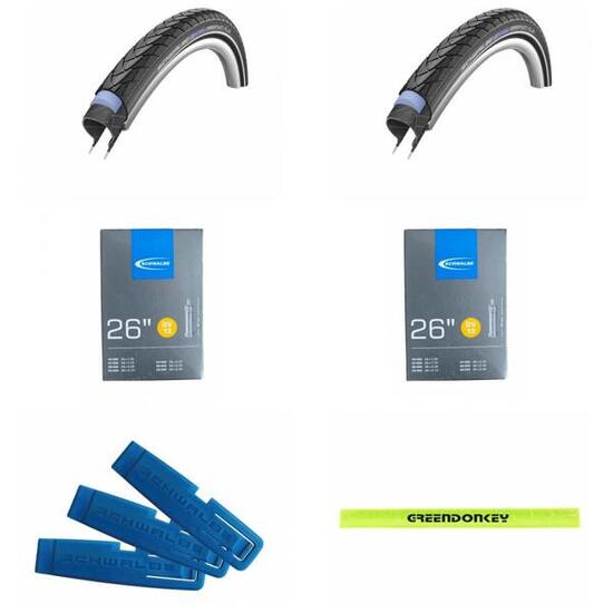 2x Schwalbe Drahtreifen MARATHON PLUS 26x1.75 + 2x Schlauch DV13 lose + 1x Re...