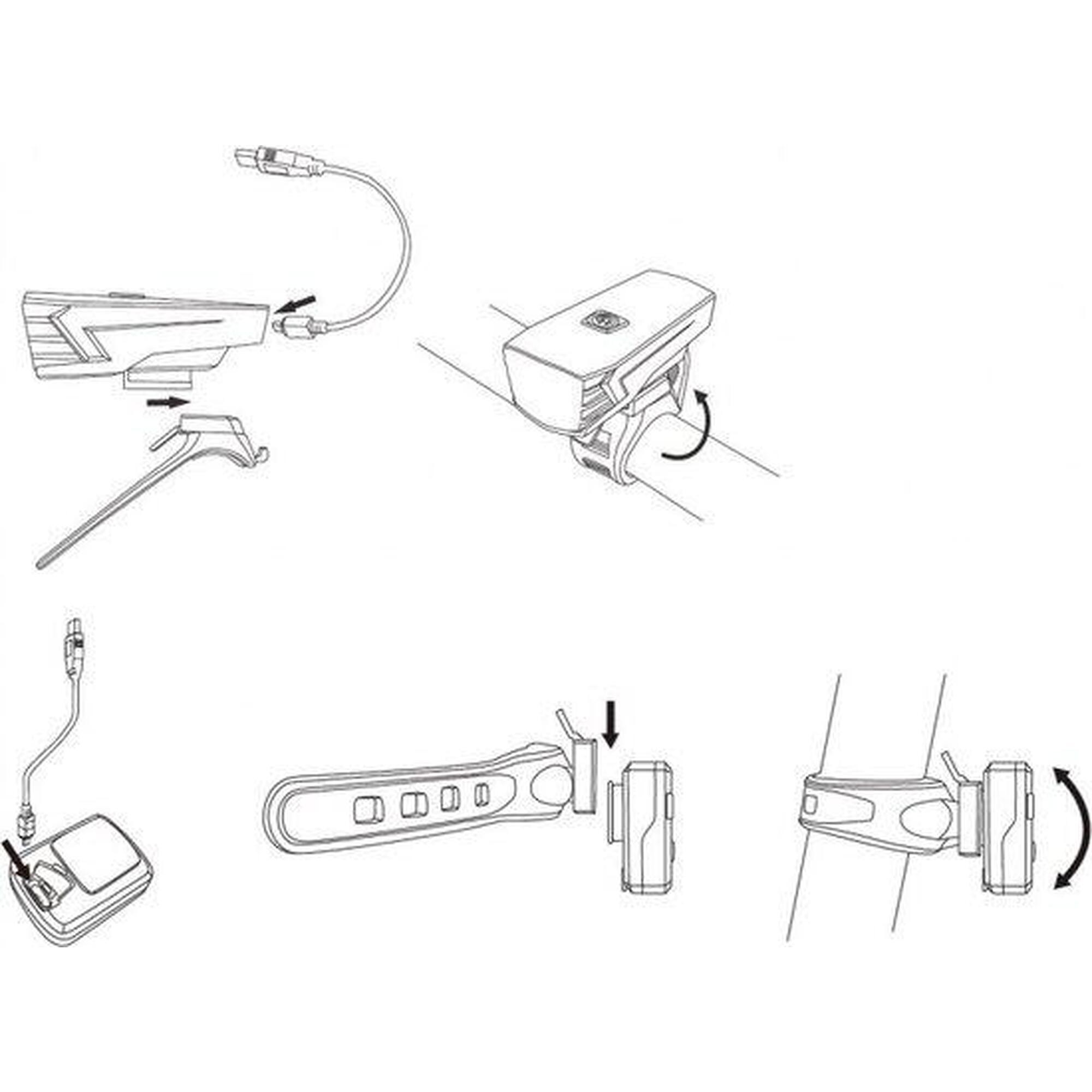 Set lumini bicicletă reîncărcabile prin USB, far și stop 35 LUX - Negru