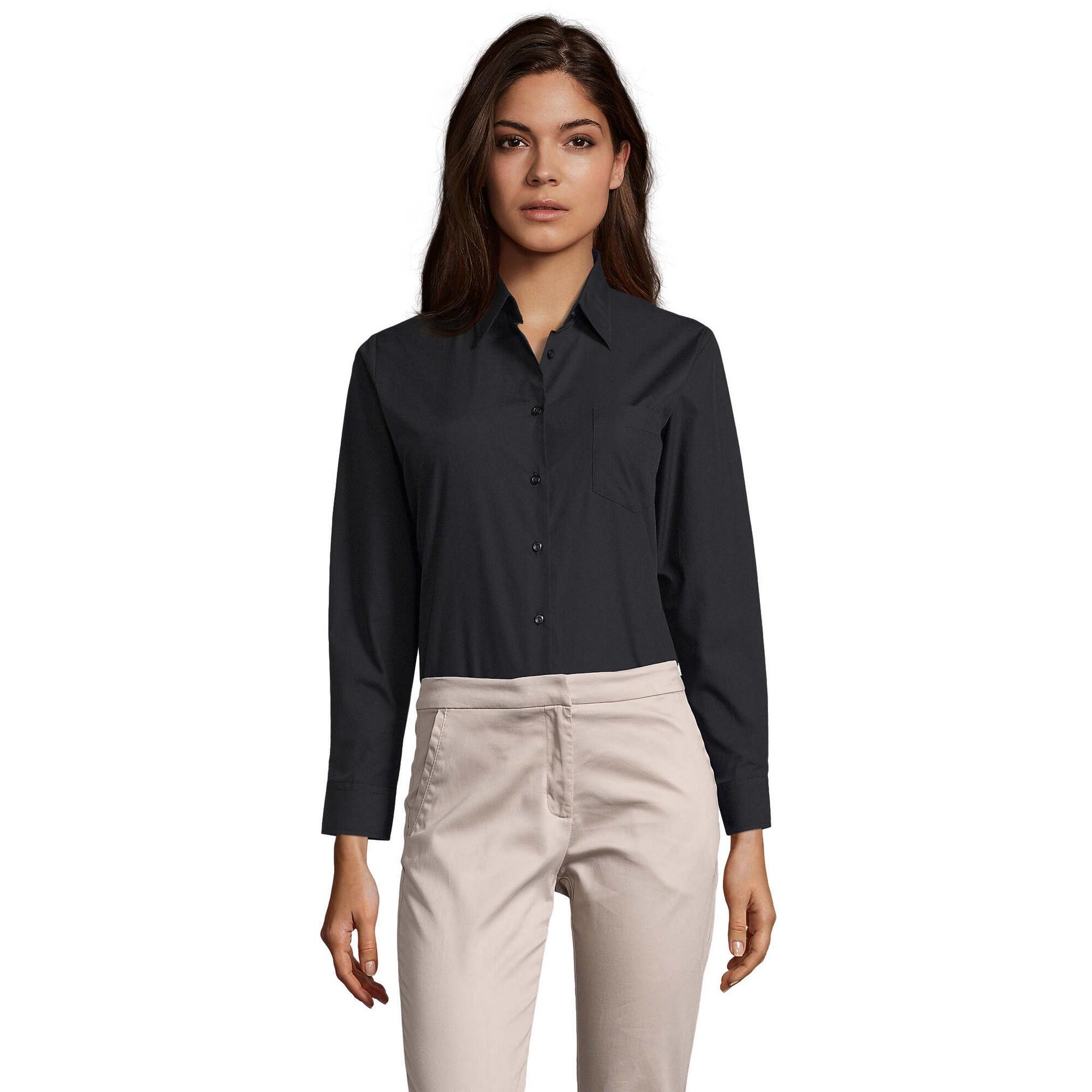 SOL'S Blusa de trabalho de manga comprida Poplin executiva para senhora/senhora Preto