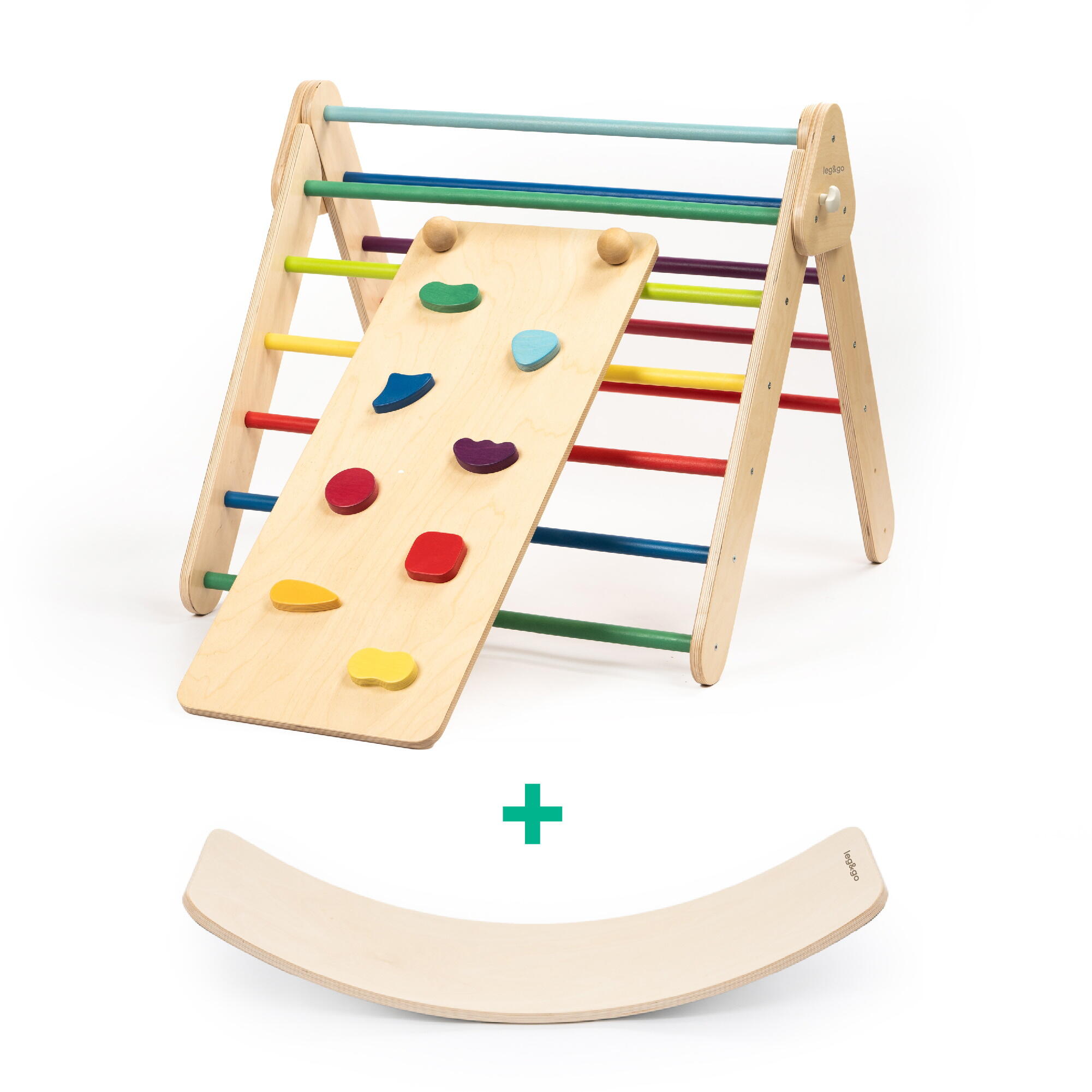 LEG&GO Triángulo de escalada, Arco Iris + Tabla de equilibrio, Montessori