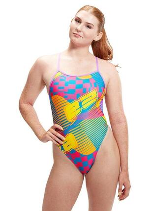 Speedo Maillot de bain une pièce numérique intégral pour femme, dos en V, motif