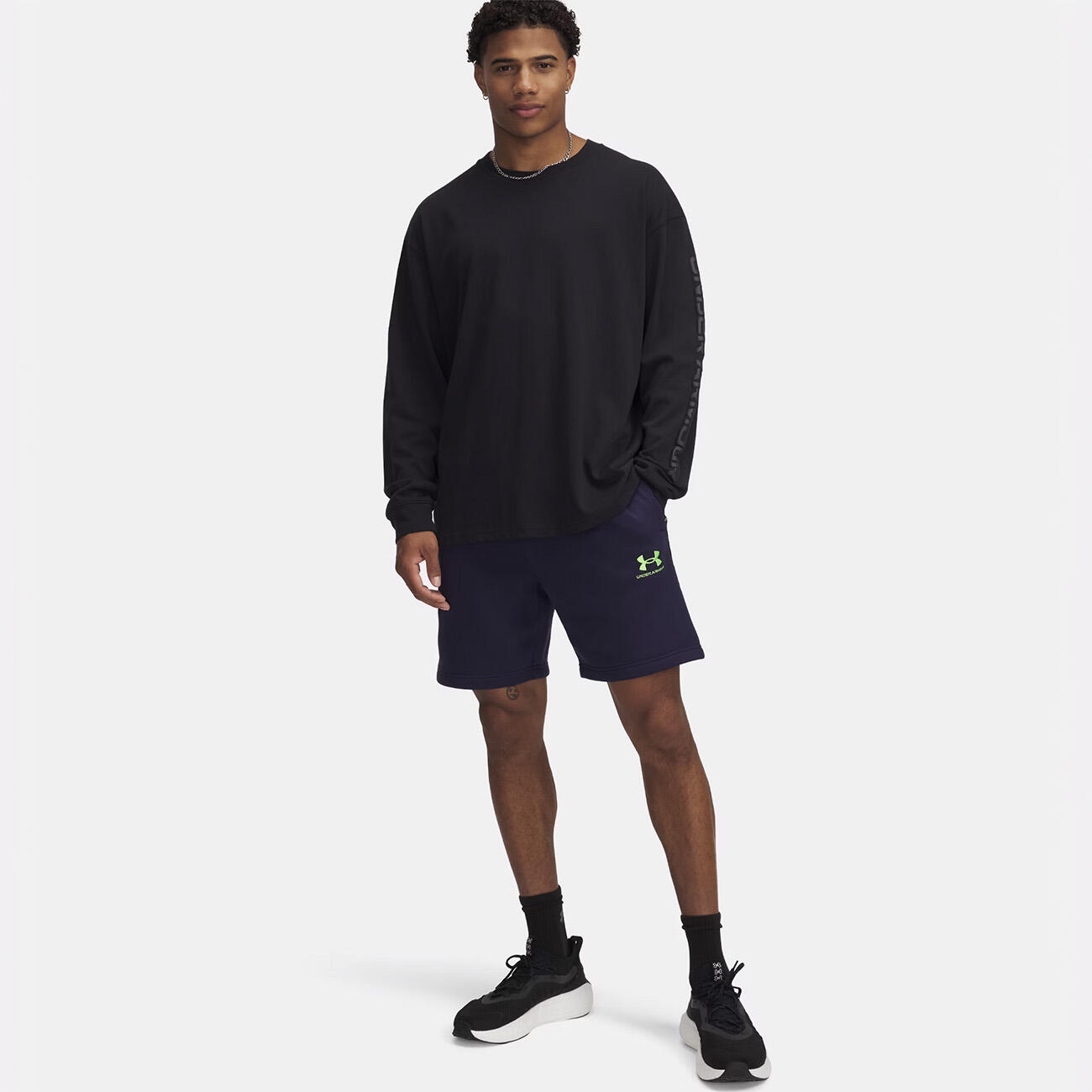 Pantaloncini Ua Icon Fleece Blu Notte Con Bande Firmate Da Uomo 4/4