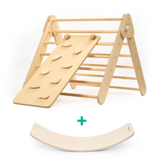 Kletterdreieck aus Holz mit Rampe/Rutsche, Pastell + Balance Board, Montessori