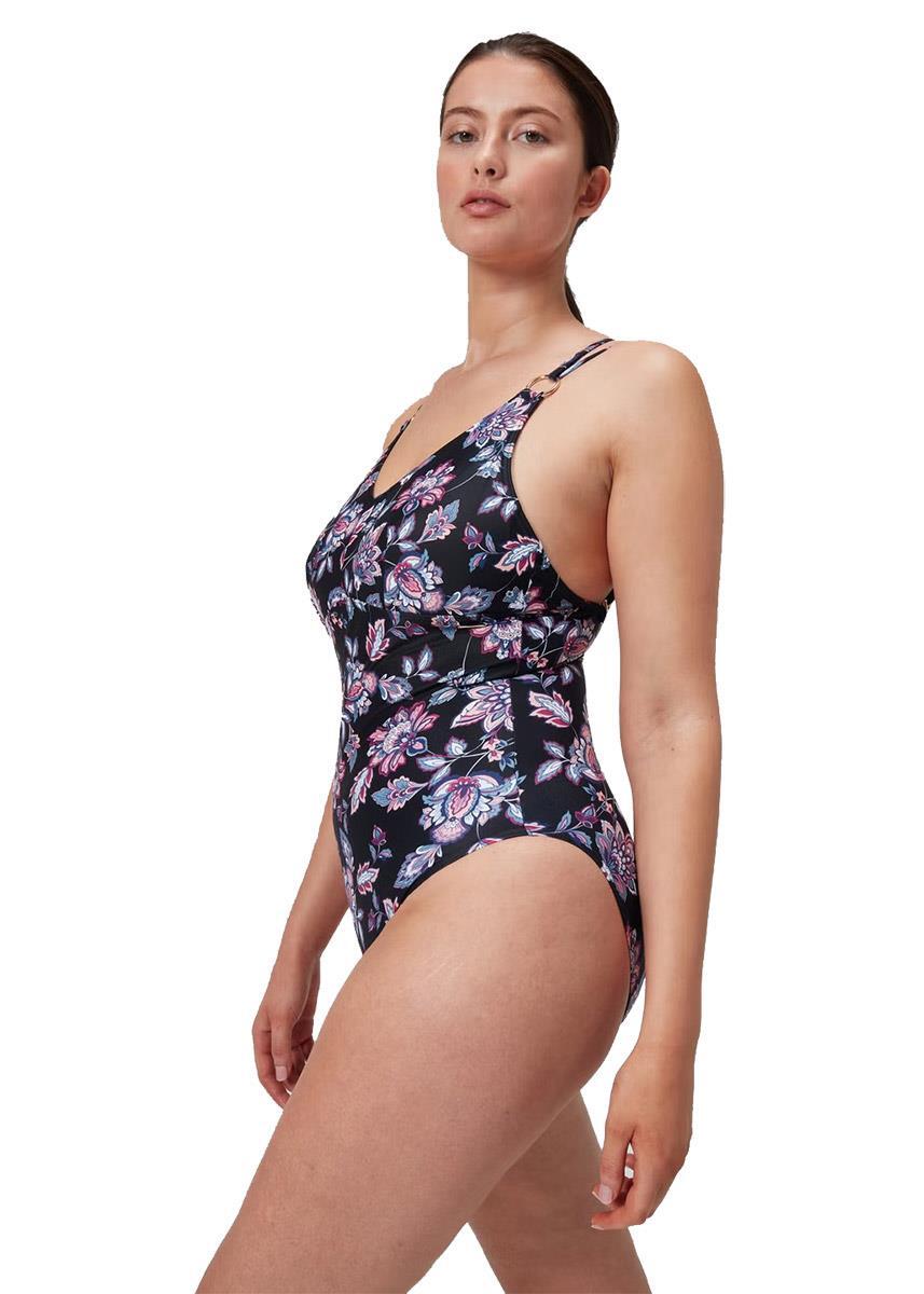 Maiô Speedo feminino com modelagem e estampa, alças finas, preto/roxo 4/6