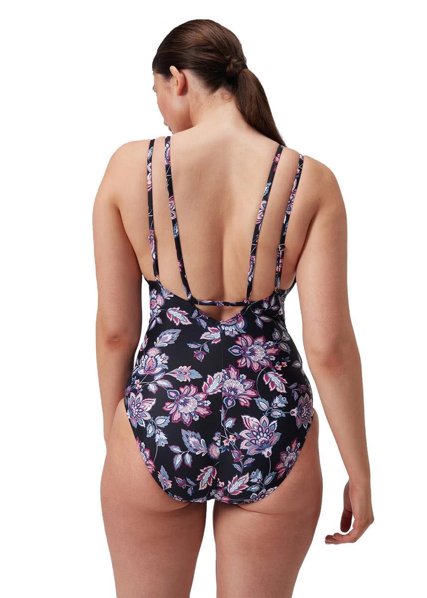 Maiô Speedo feminino com modelagem e estampa, alças finas, preto/roxo 3/6