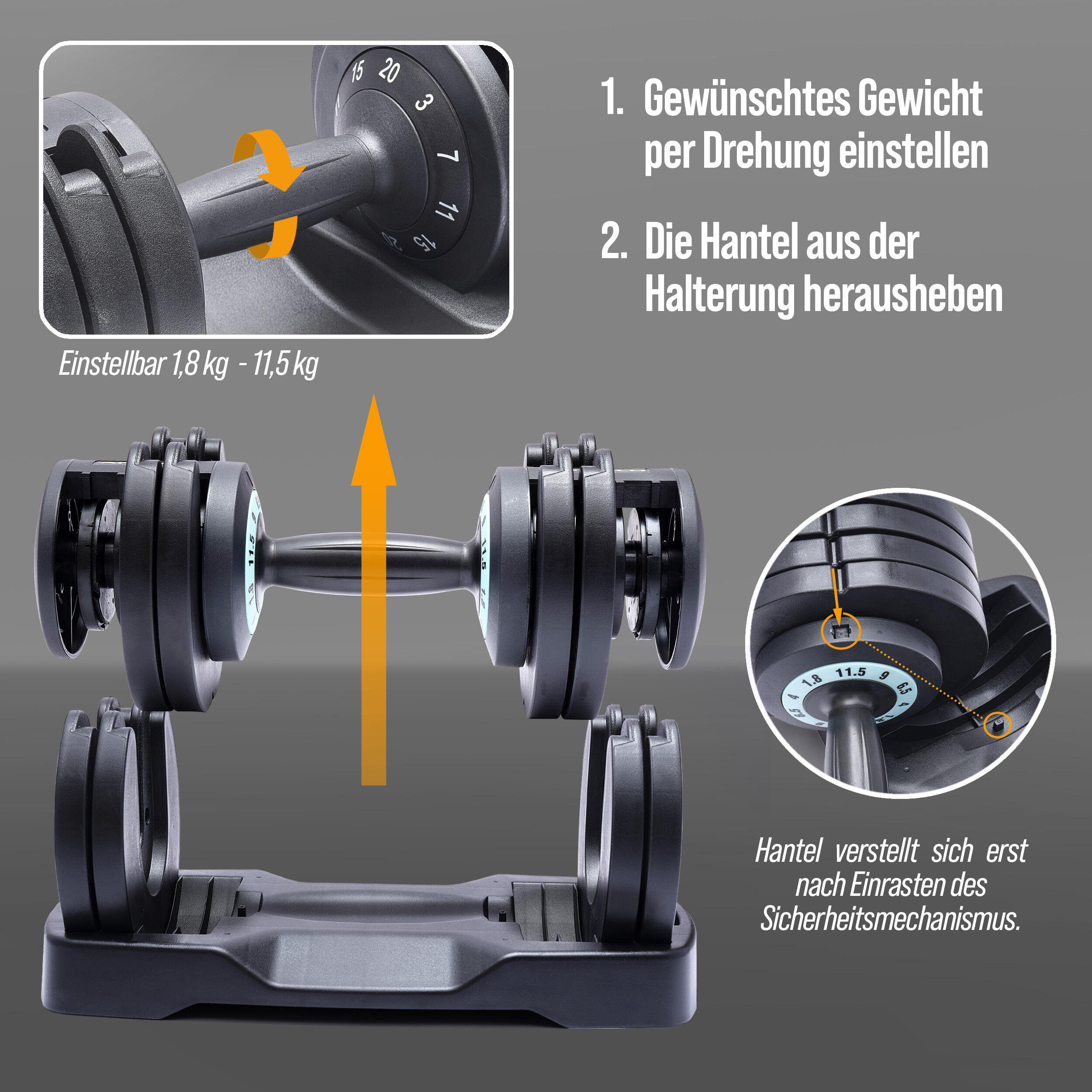 Kurzhantel Set für den Sport Zuhause, Schnellverschluss - 11,5kg, Schwarz 5/7