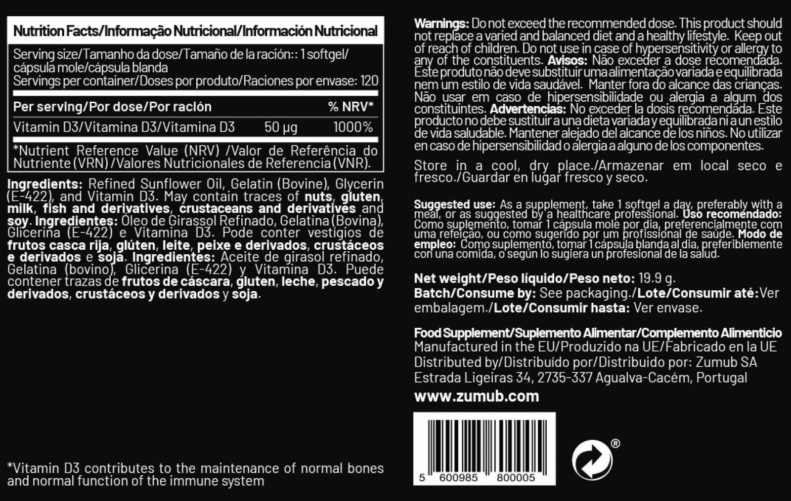 Zumub Vitamina D-3 50 µg 120 cápsulas blandas 2/2