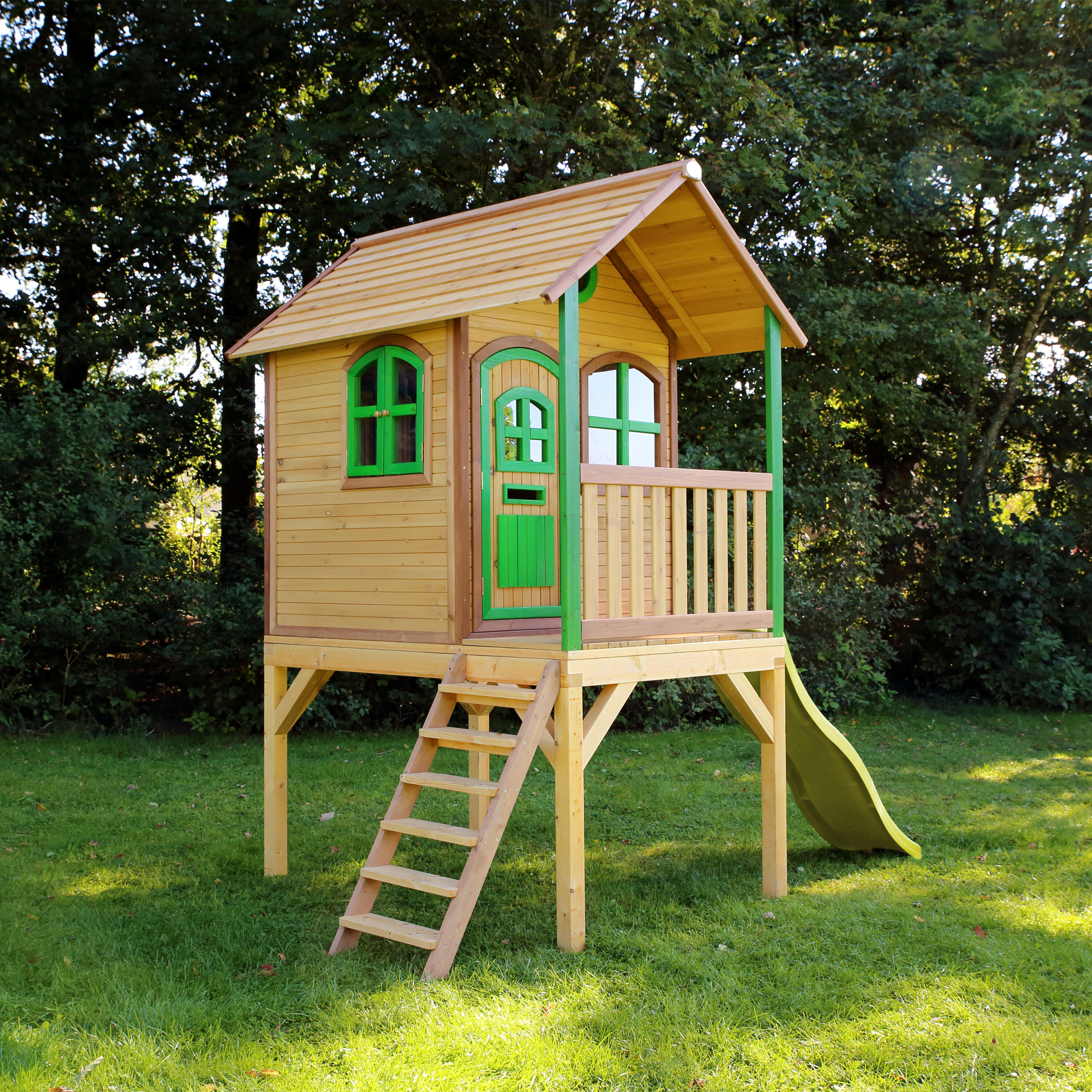 Maisonnette de jardin Laura Marron/Verte – Toboggan Vert Citron 5/7